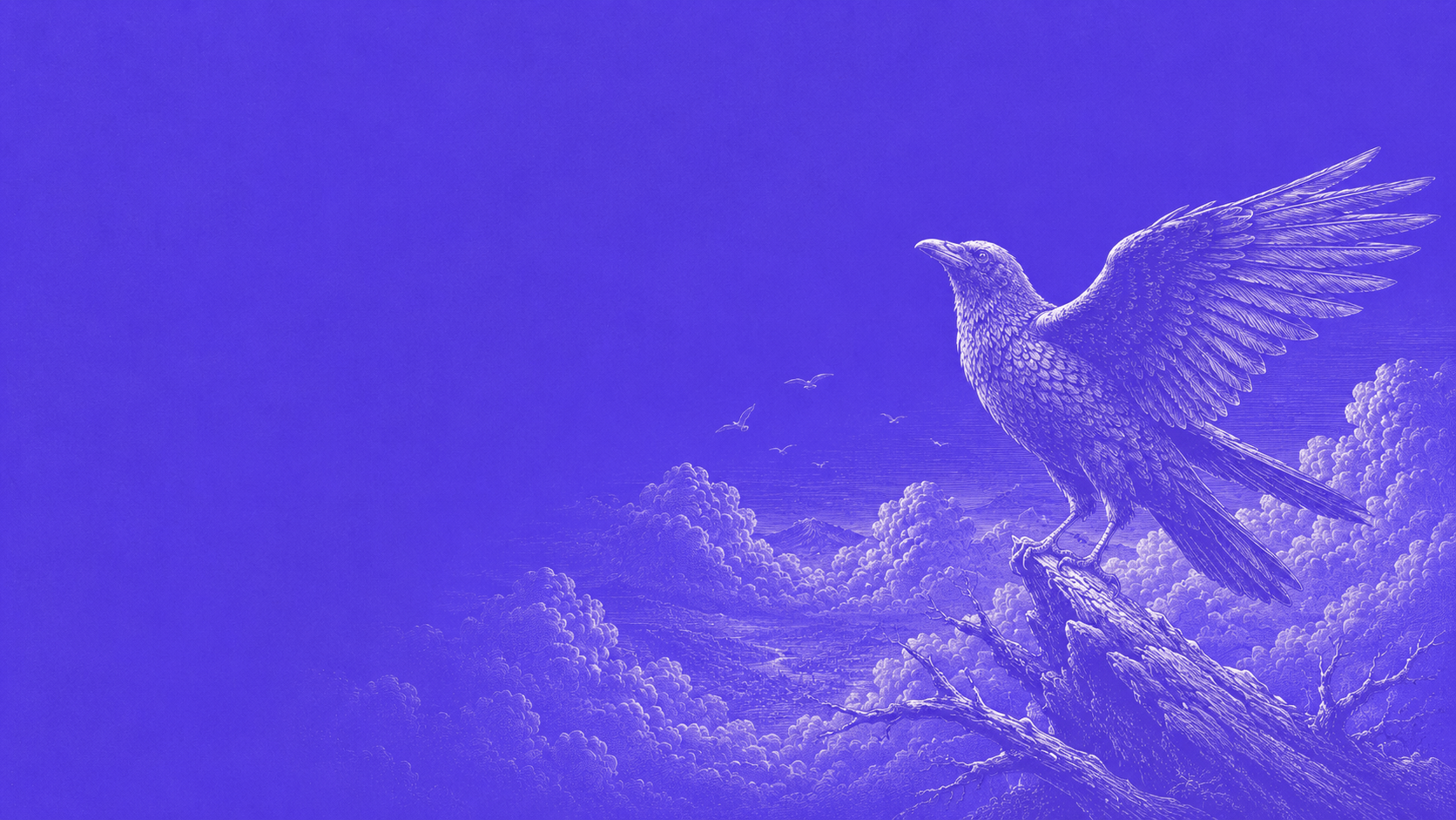 An engraved crow on a high vantage, wings opening toward the horizon